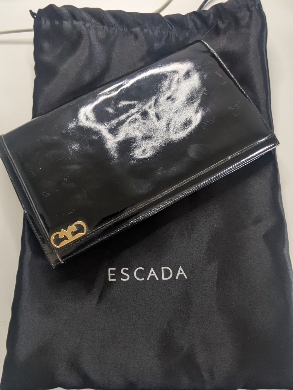 ​Escada Black Patent Leather Clutch / Wallet with Gold Hardware + Dust Bag